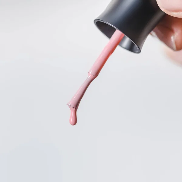 Partial view of woman holding brush with pink dripping nail polish isolated on grey — Stock Photo