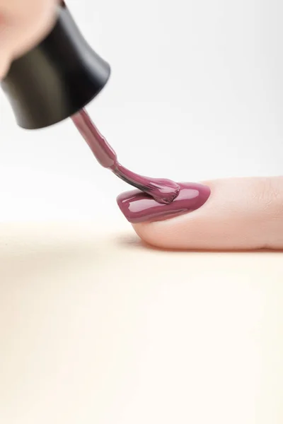 Manicure aplicação de esmalte roxo na unha da mulher no fundo cinza — Fotografia de Stock