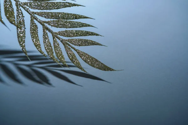 Vista de cerca de la rama festiva decorada con brillo dorado y sombra, concepto de fondo de Navidad - foto de stock