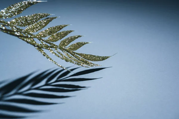 Selective focus of festive branch decorated by golden glitter and shadow, christmas background concept — Stock Photo