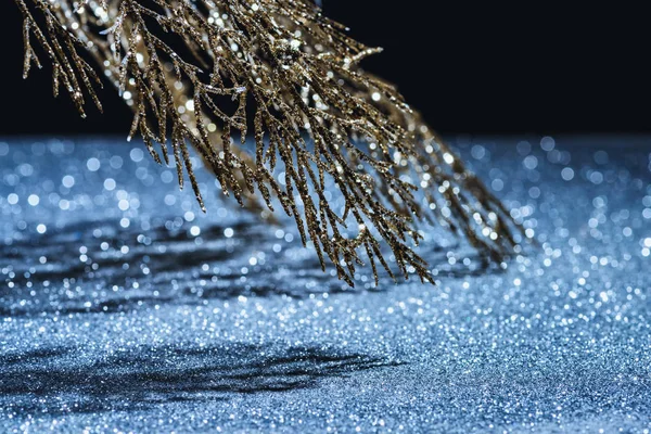 Selektiver Schwerpunkt des festlichen Zweiges mit goldenem Glanz und Schatten, weihnachtliches Hintergrundkonzept — Stockfoto