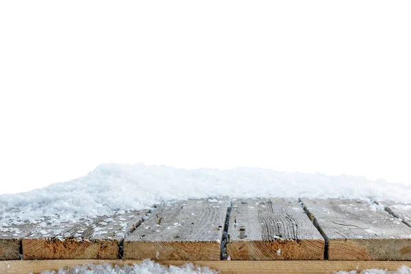 Listrado material rústico de madeira coberto com neve no branco — Fotografia de Stock