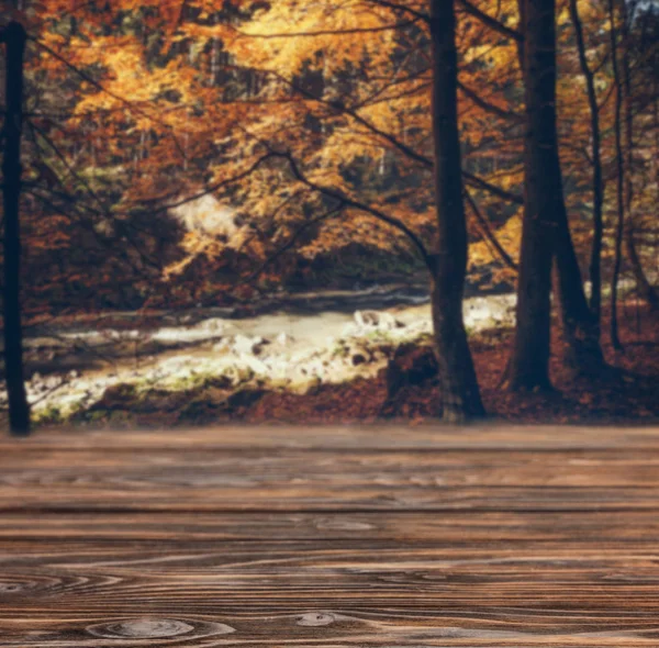 Fond en bois rayé brun sur beau papier peint de rivière de forêt — Photo de stock