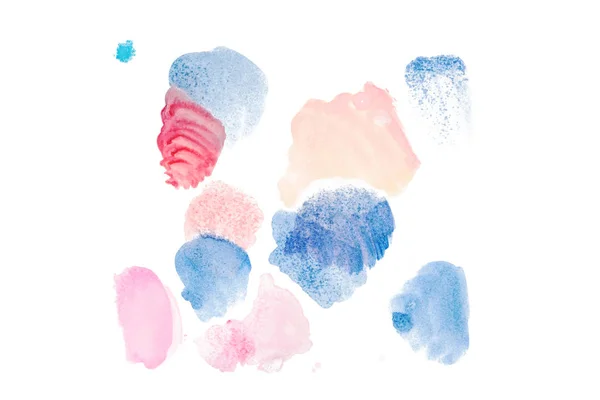 Abstraktes Aquarell rosa, blau und rot verschüttet isoliert auf weiß — Stockfoto