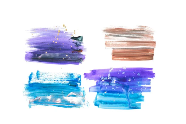 Satz abstrakter blauer, lila und brauner Pinselstriche isoliert auf Weiß — Stockfoto