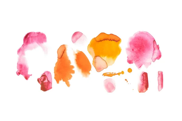 Abstract watercolor pink, yellow, and golden spills isolated on white — Stock Photo