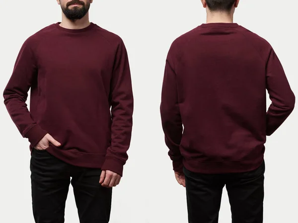 Collage of man in burgundy sweatshirt with copy space isolated on white — Stock Photo