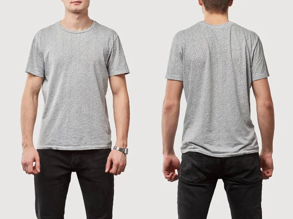 Collage de hombre en camiseta gris con espacio de copia aislado en blanco - foto de stock