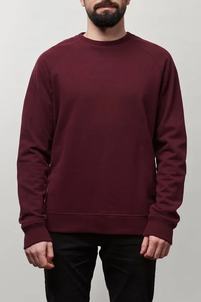 Partial view of man in casual burgundy sweatshirt with copy space isolated on grey — Stock Photo