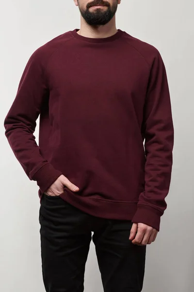 Partial view of man in basic burgundy sweatshirt with copy space isolated on grey — Stock Photo