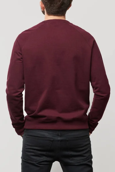 Back view of man in casual burgundy sweatshirt with copy space isolated on grey — Stock Photo
