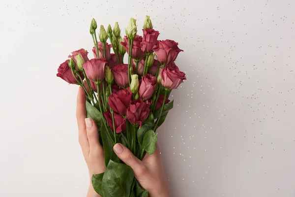 Cropped shot of woman holding beautiful red eustoma flowers isolated on grey — Stock Photo