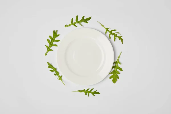 Вид сверху на пустую тарелку в окружении зеленых листьев на сером фоне — стоковое фото