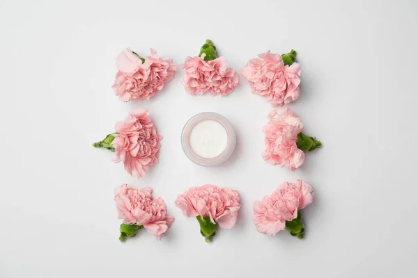 Colocação plana de flores cravos em arranjo quadrado e recipiente de creme no fundo branco — Fotografia de Stock