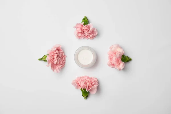 Colocación plana de flores de claveles en rombo y contenedor de crema sobre fondo blanco - foto de stock