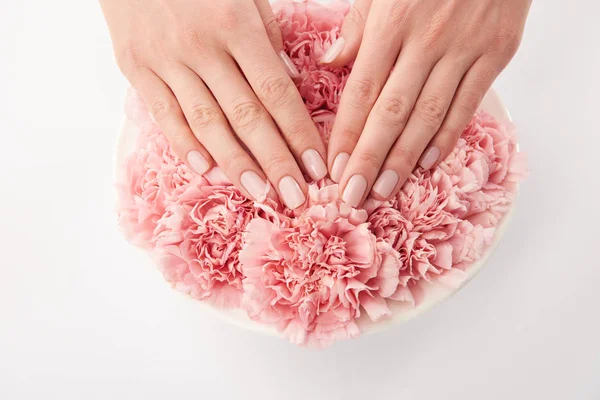 Vista parziale della donna che tocca i petali dei garofani in piatto rotondo su sfondo bianco — Foto stock