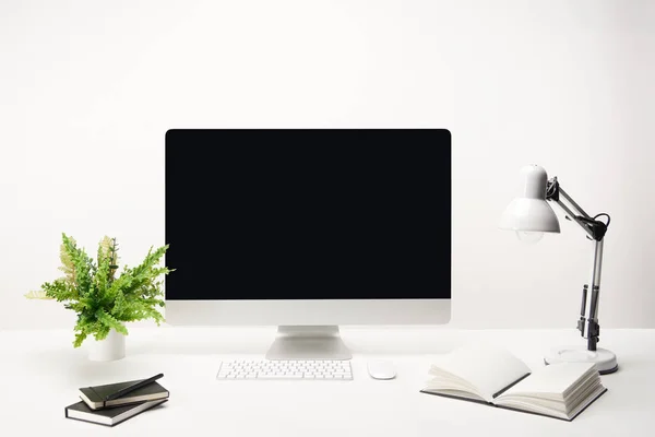 Local de trabalho com lâmpada, plantas, notebooks e computador desktop com espaço de cópia isolado em branco — Fotografia de Stock
