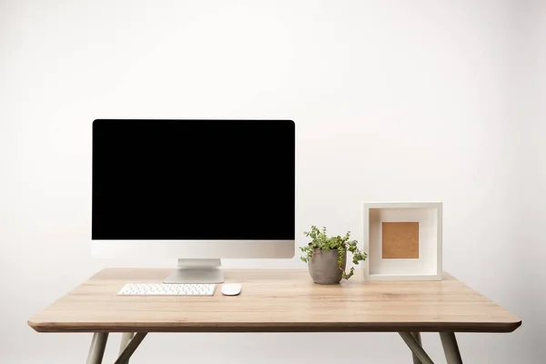 Lugar de trabajo con planta verde, marco de fotos y computadora de escritorio con espacio de copia aislado en blanco - foto de stock