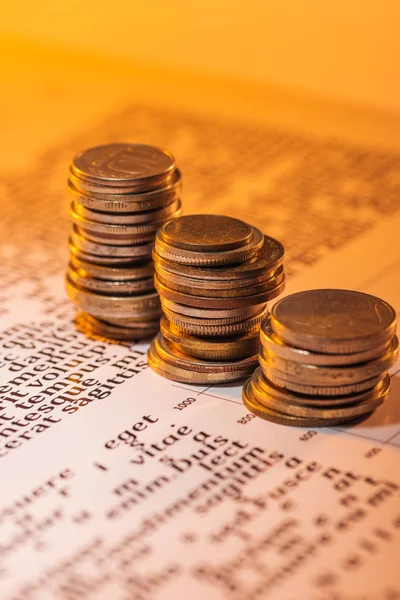 Selective focus of business text document with coins stacks — Stock Photo