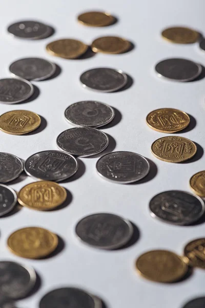 Enfoque selectivo de las monedas ucranianas sobre fondo gris borroso - foto de stock