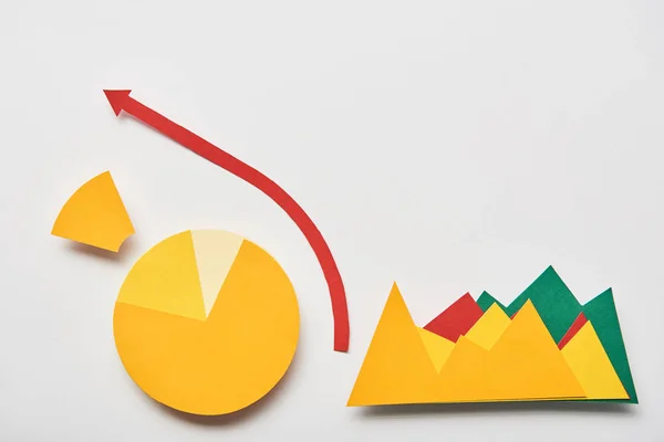 Top view of paper chart and graphs, pointer on white background — Stock Photo