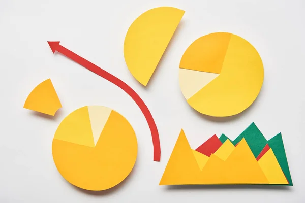 Top view of paper charts and graphs, pointer on white background — Stock Photo