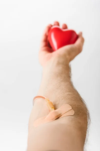 Vista recortada del donante de sangre con catéter y yeso que sostiene el corazón de juguete, concepto de donación de sangre - foto de stock