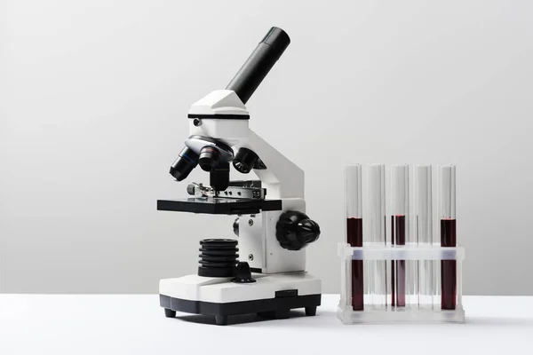 Microscope and test tubes with blood on grey background — Stock Photo