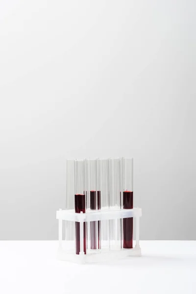 Tubos de ensaio com sangue sobre fundo cinzento com espaço de cópia — Fotografia de Stock