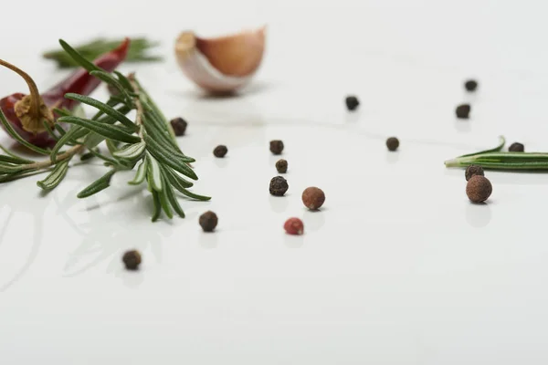 Foglie di rosmarino, spicchio d'aglio, pepe nero e peperoncino rosso su superficie bianca — Foto stock