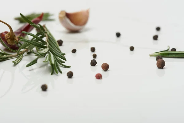 Hojas de romero, diente de ajo, pimienta negra y chiles rojos picantes en la superficie blanca - foto de stock