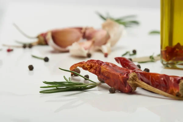 Red hot chili pepper, rosemary leaves, garlic cloves and black pepper on white surface — Stock Photo