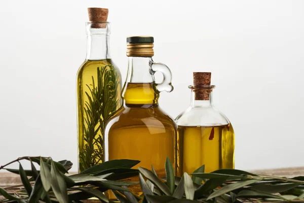 Botellas de aceite de oliva aromatizadas con romero, y rama de olivo aislada en gris - foto de stock