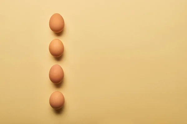 Puesta plana con huevos orgánicos marrones dispuestos en fila vertical sobre fondo amarillo - foto de stock