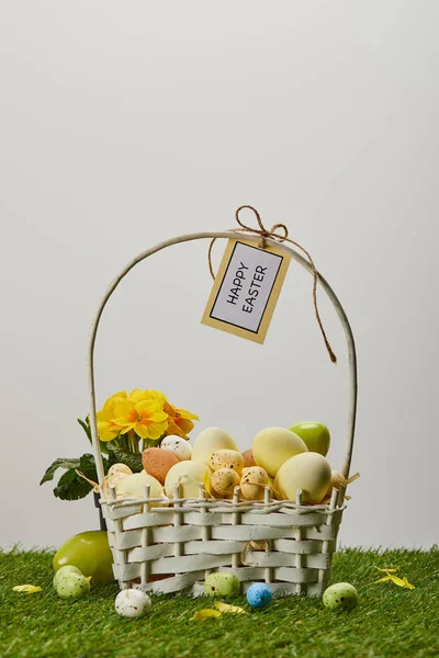 Osterhuhn und Wachteleier im Strohkorb mit Blume und Karte mit fröhlichem Osteraufdruck auf Gras — Stockfoto