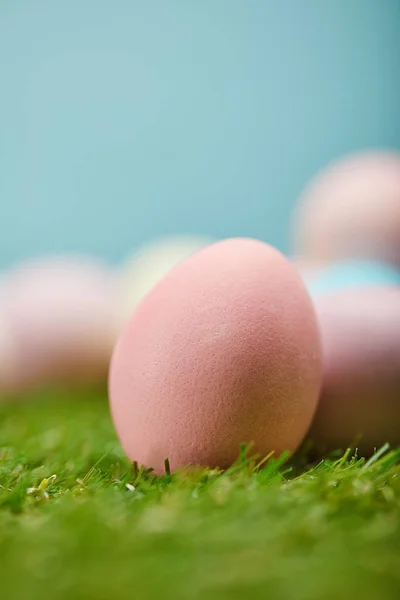 Selective focus of easter painted eggs on grass with copy space — Stock Photo