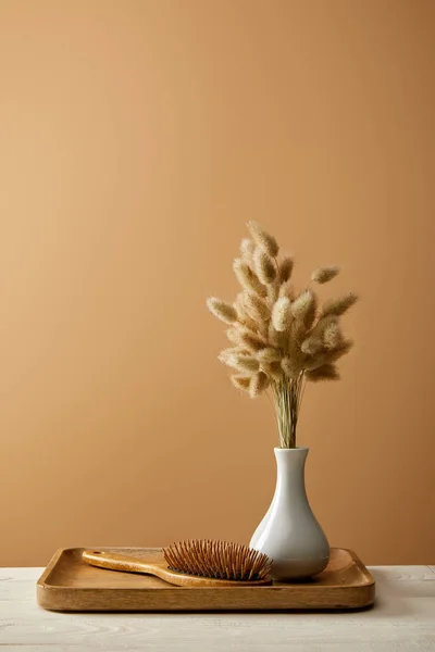 Wooden tray with vase of spikelets and hair brush isolated on brown, zero waste concept — Stock Photo