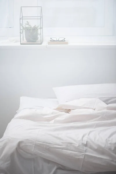 Dormitorio con almohada y manta blanca en cama acogedora, planta y vasos - foto de stock