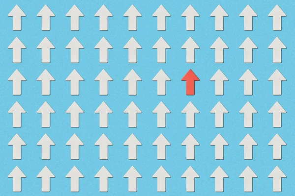 Vue du haut des rangées avec pointeurs blancs et flèche rouge sur fond bleu — Photo de stock