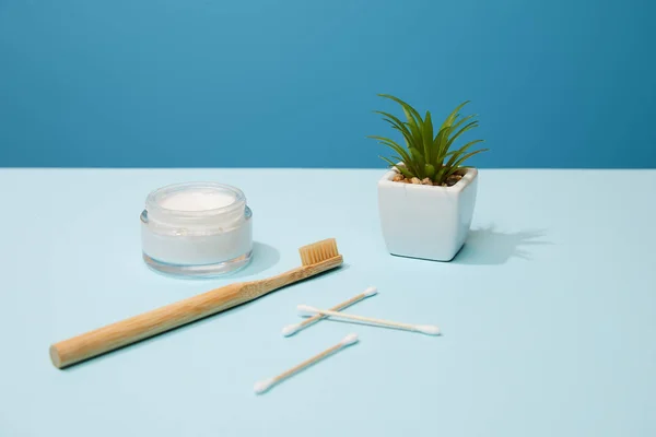 Bamboo toothbrush, cosmetic cream and plant in pot on table and blue background — Stock Photo