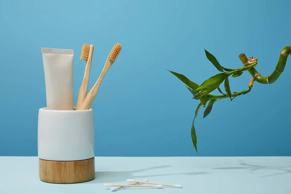 Holder with toothbrushes, toothpaste in tube, ear sticks and green bamboo stem on table and blue background — Stock Photo