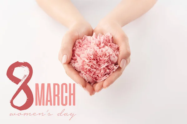 Partial view of female hands with pink carnations and 8 march illustration — Stock Photo