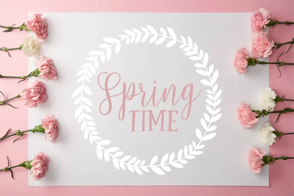 Draufsicht auf schöne rosa und weiße Nelkenblüten und Karte mit Frühlingsschrift in rundem Rahmen auf rosa Hintergrund — Stockfoto