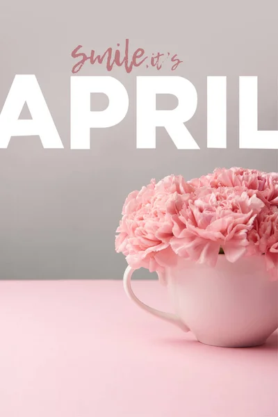 Flores de cravo rosa em copo no fundo cinza com letras de abril — Fotografia de Stock