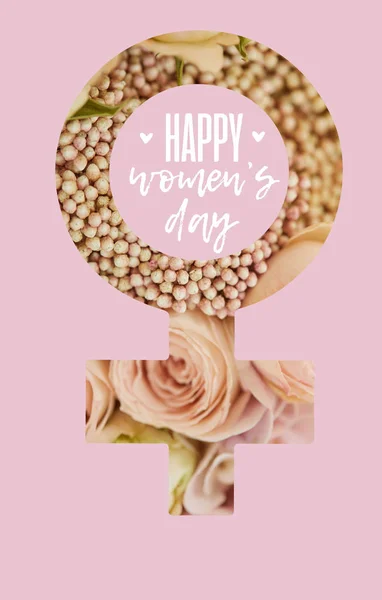Female sign of beige roses on pink background with happy womens day lettering — Stock Photo