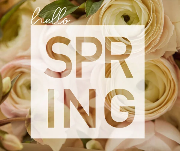 Nahaufnahme eines Straußes beiger Rosen und Hallo Frühling Schriftzug — Stockfoto