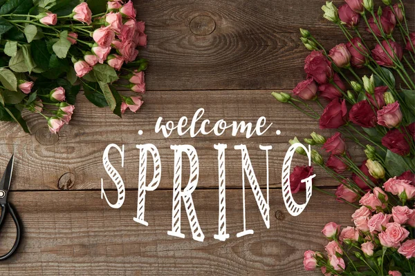 Vista dall'alto di rose rosa e mazzi di fiori eustoma su sfondo di legno con benvenuto primavera illustrazione — Foto stock