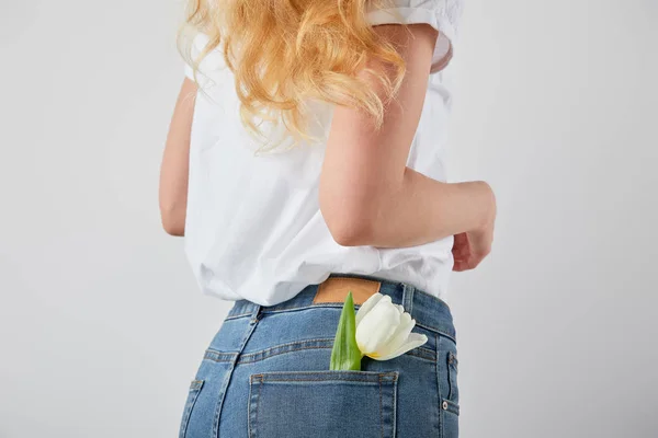 Cropped view of girl with tulip flower in jeans pocket isolated on grey — Stock Photo