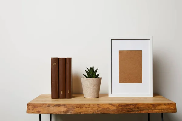 Libros cerca de cactus en maceta y marco en mesa de madera - foto de stock