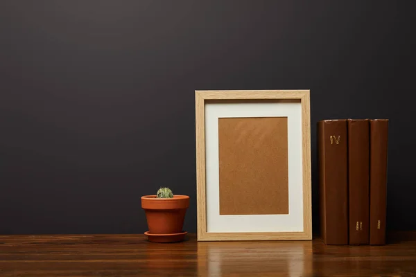 Green cactus in pot near books and blank frame — Stock Photo